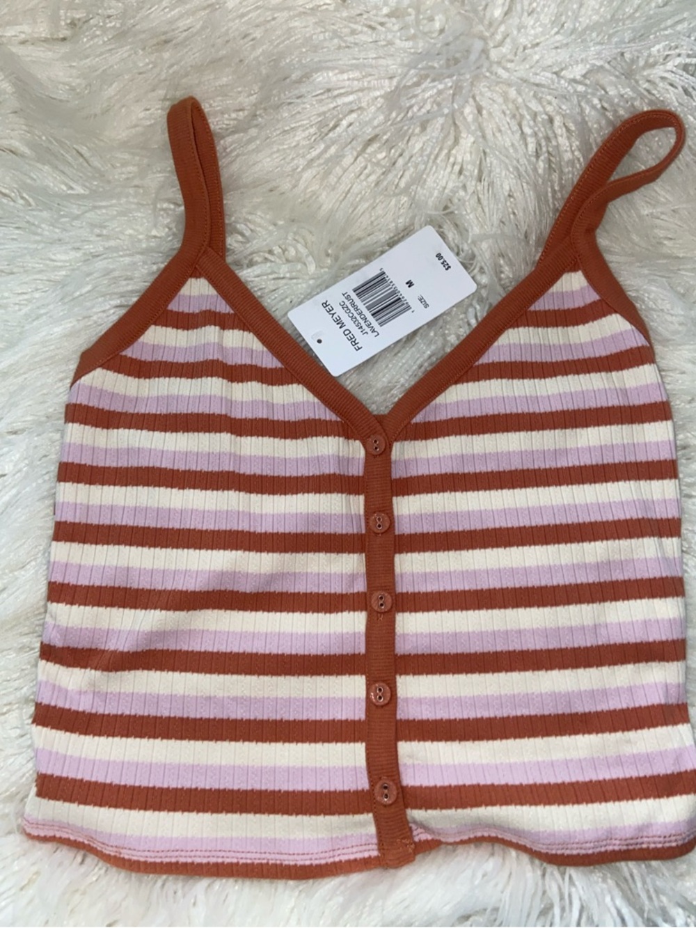 Striped Ribbed Button-Front Crop Top in Rust, Pink & Cream